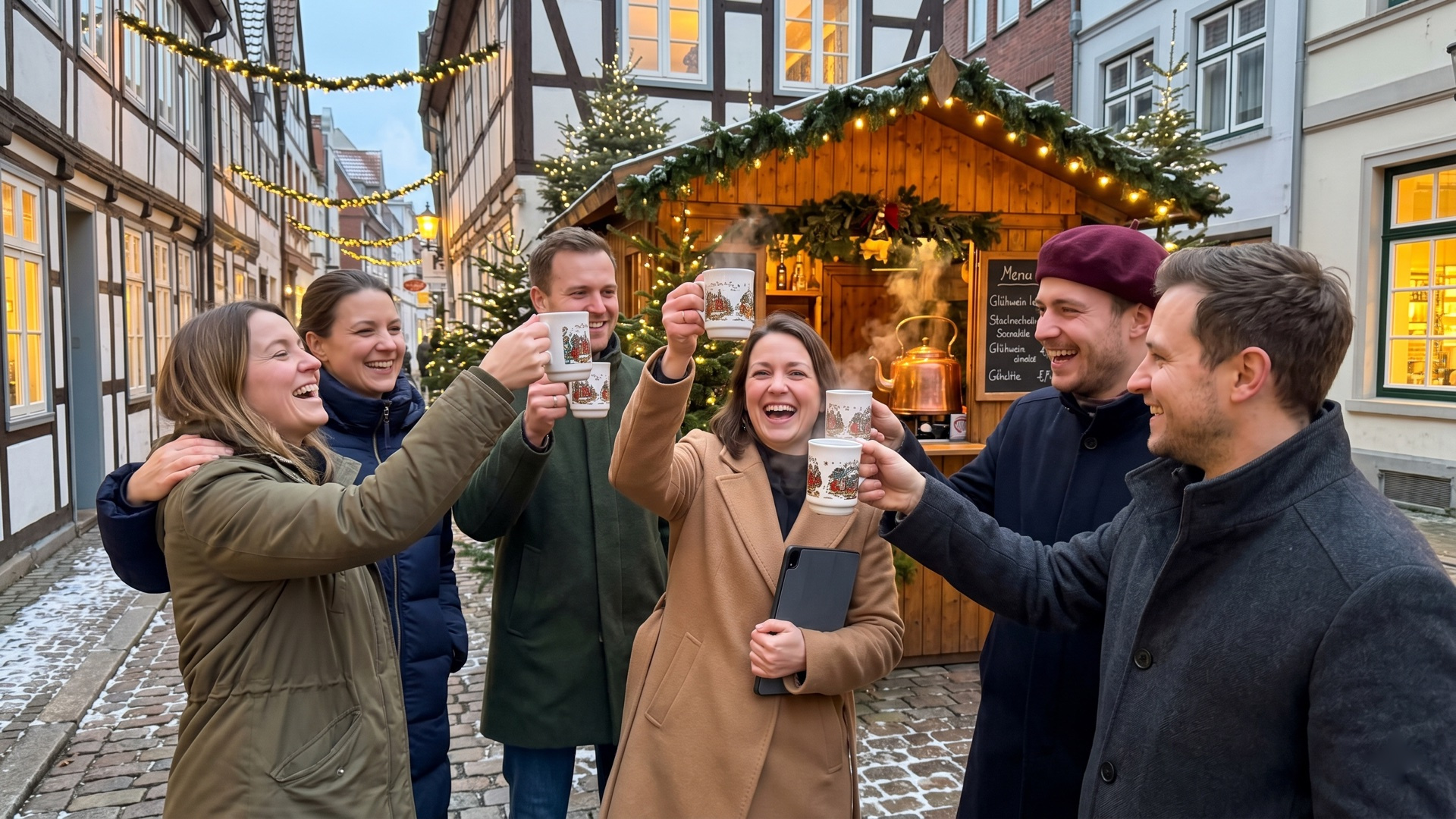 Kollegen stoßen bei einer Christmas Rallye auf dem Weihnachtsmarkt an (KI-generiertes Symbolbild)