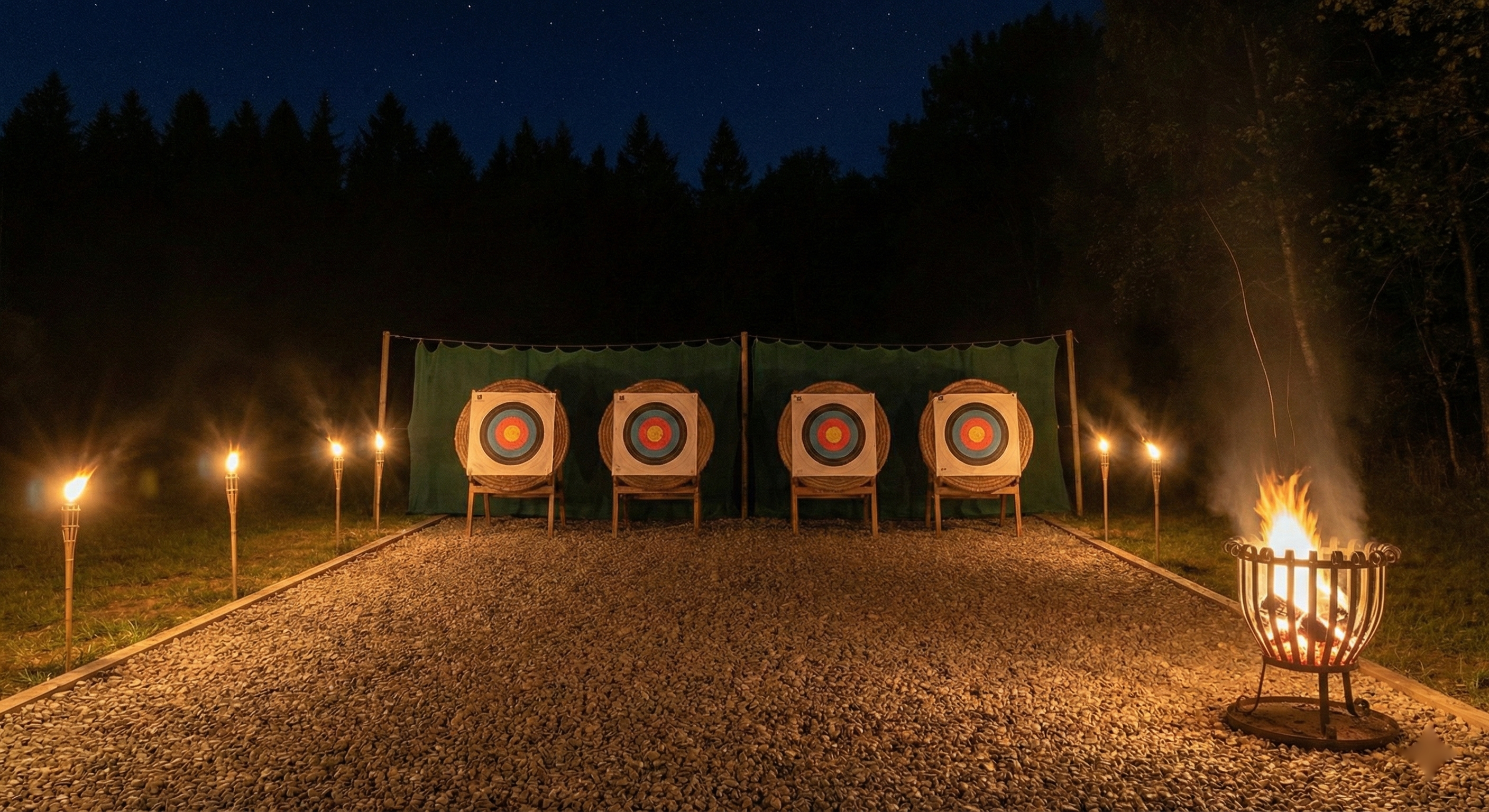 Nachtbogenschießen: Flutlicht während des Teamevents (KI-generiertes Symbolbild)