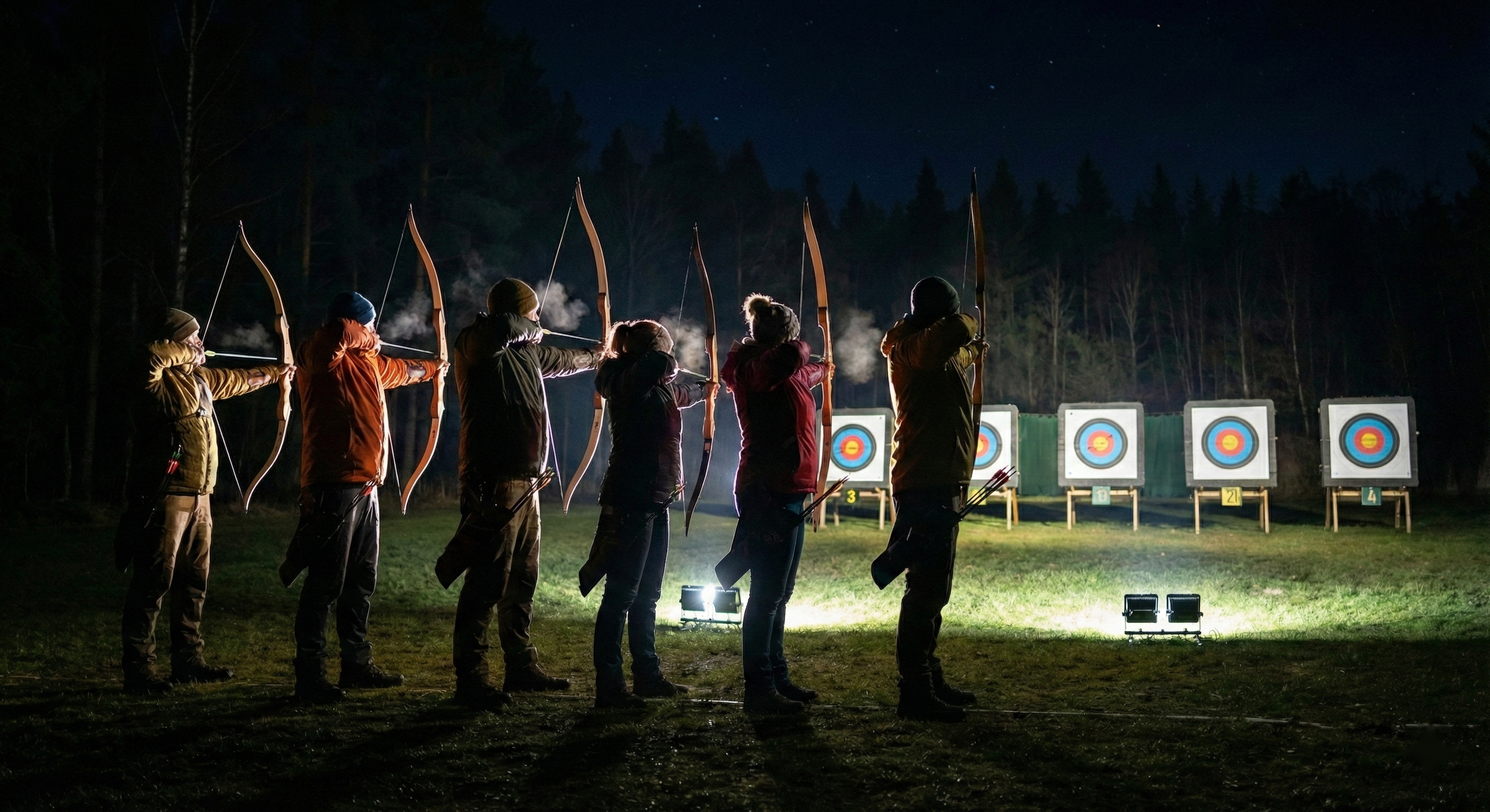 Nachtbogenschießen: besondere Atmosphäre während des Teamevents (KI-generiertes Symbolbild)