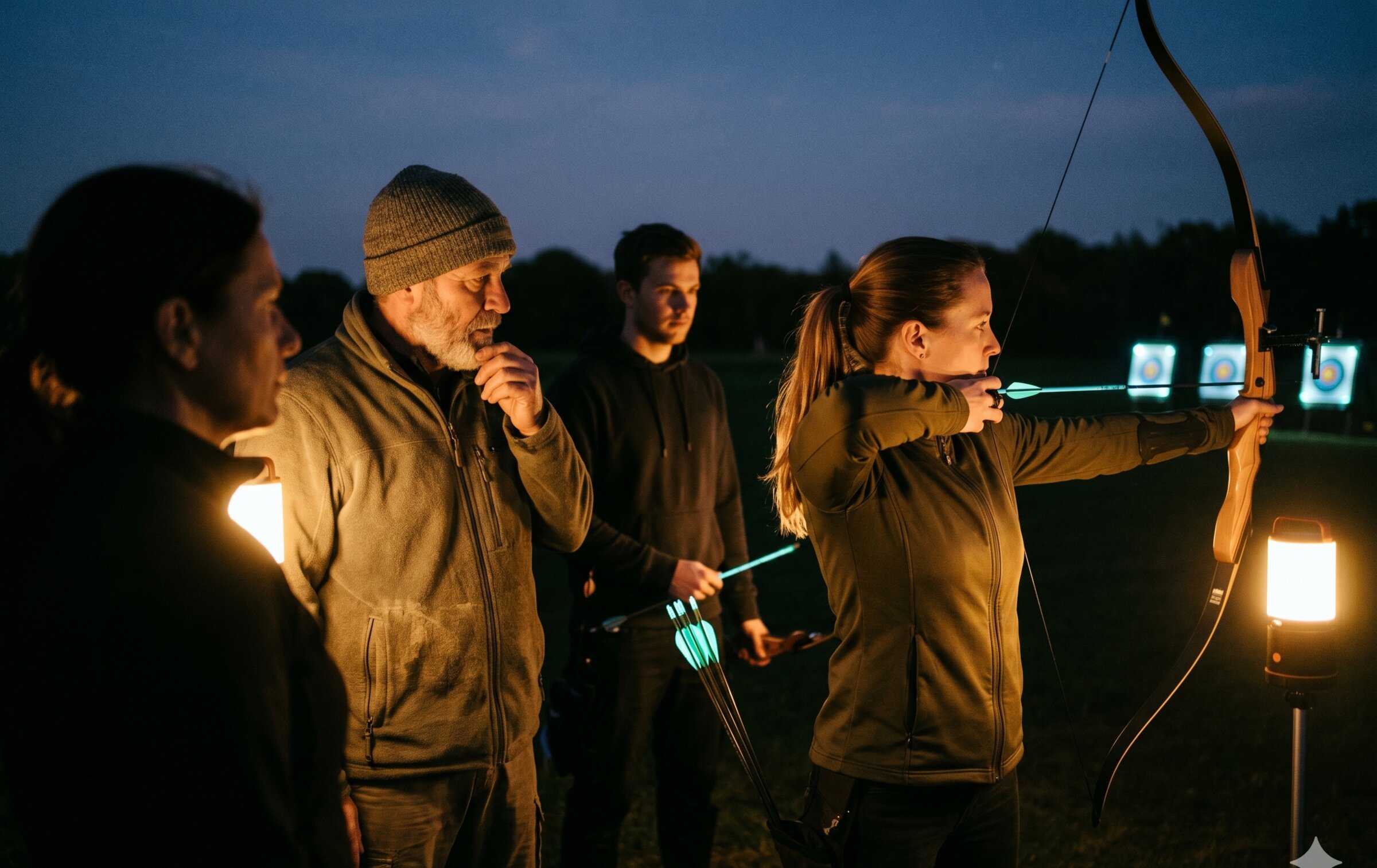 Gruppe beim Nachtbogenschießen als Firmen-Teamevent (KI-generiertes Symbolbild)